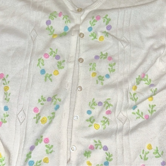 Vintage Knit Cardigan Long Sleeves Pearl Buttons & Embroidered Pastel Florals - Picture 3 of 11